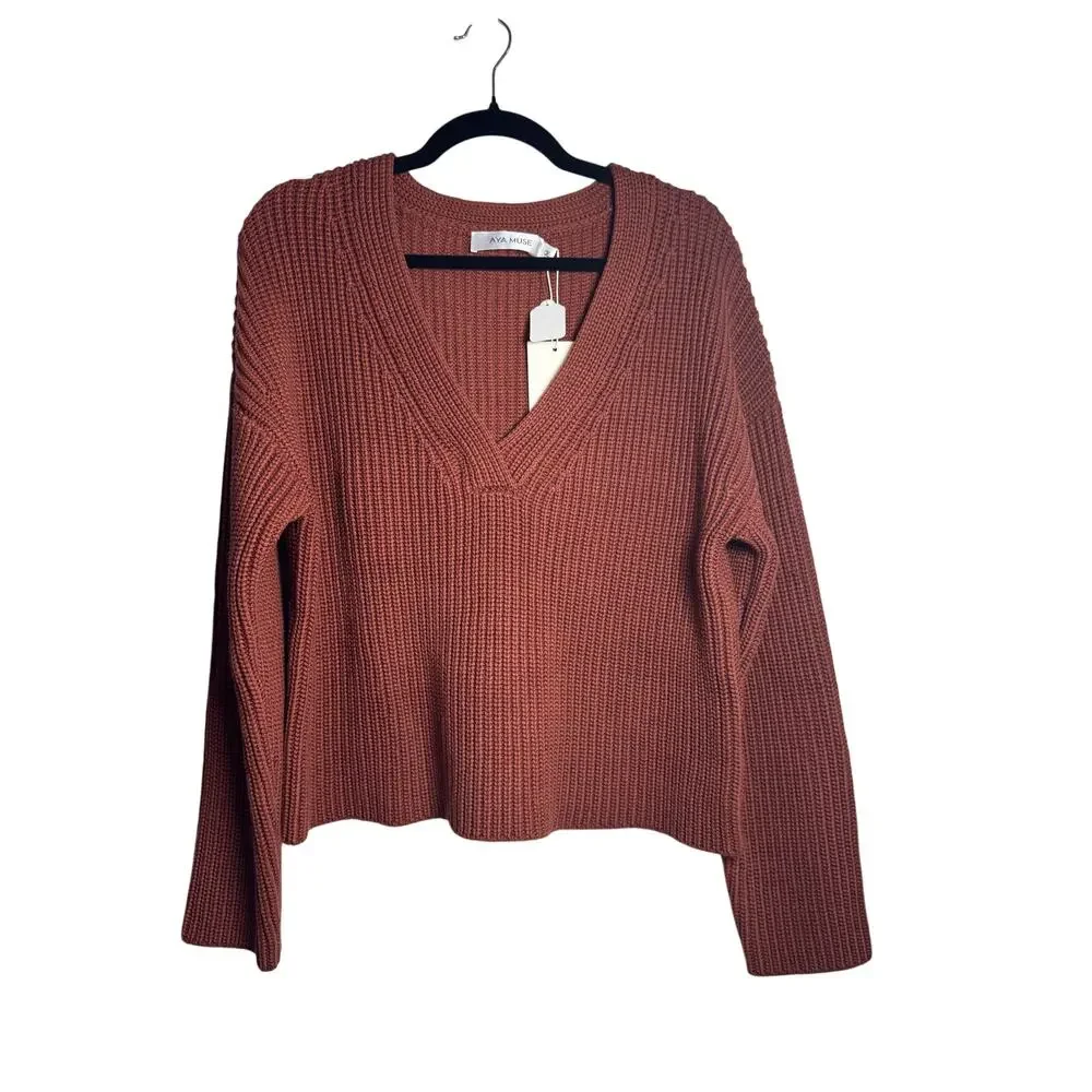 AYA MUSE Ribbed Sweater NWT Cinnamon Rust V Neck Revolve Size M
